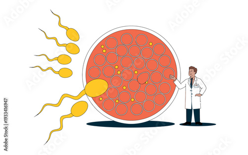 A scientist in a lab coat stands next to a large cartoon egg cell with sperm cells approaching it.