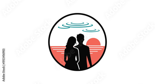 Couple Silhouette in Circular Frame with Sunset Background in Warm Orange Tones for Romantic Logo