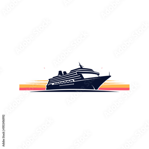 Luxury Cruise Ship Sailing at Sunset with Retro Stripes