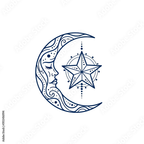 Mystical Crescent Moon Face with Star Emblem