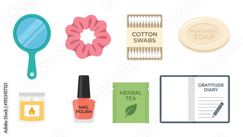 Self-Care & Wellness Essentials Collection: Beauty, Hygiene, Relaxation, and Mindfulness Items Flat Icons