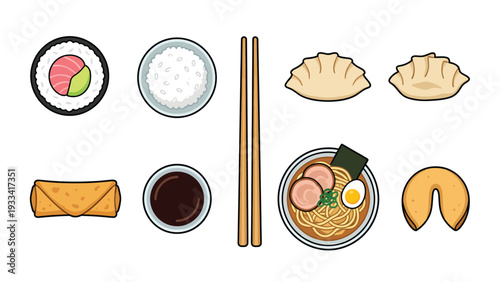 Asian Food Collection Illustration with Sushi, Ramen, Dumplings, Spring Roll, Rice, Soy Sauce, Chopsticks, Fortune Cookie