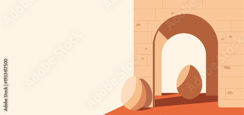 Easter eggs in an arched stone entryway with warm lighting