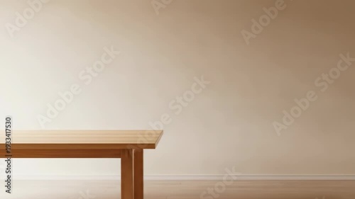 A simple wooden table stands alone in a room with beige walls and flooring