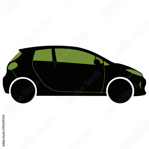 black car silhouette with green tinted windows and white wheel rims