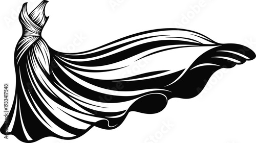 Black and white vector illustration of an elegant evening dress with a long flowing train isolated on white background, comma.