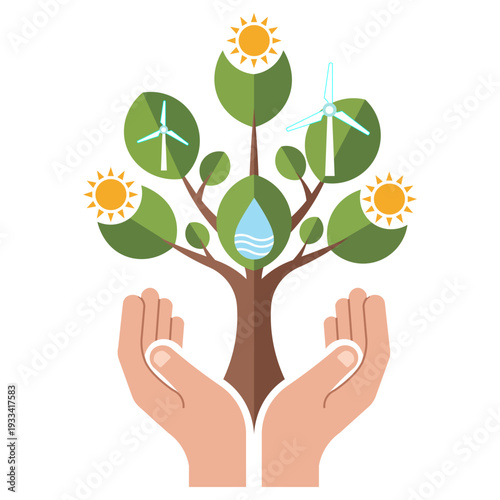 Hands nurturing a tree symbolizing renewable energy sources like wind and solar power