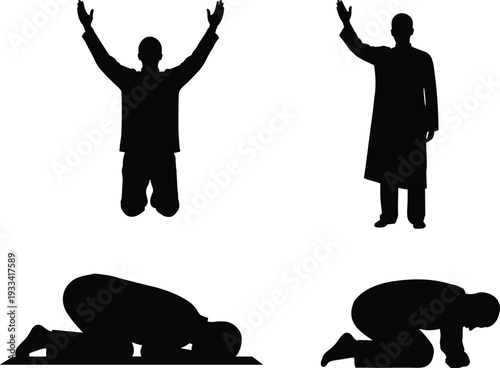 Black vector silhouettes of people praying and worshiping in various positions including kneeling, standing, and prostrating on white background, comma.