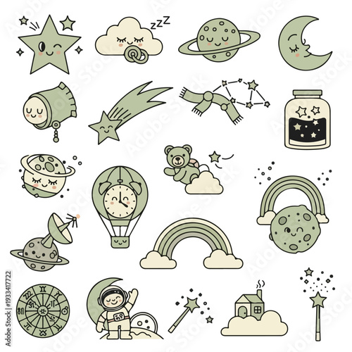 A charming collection of cute cartoon space and dream-themed illustrations, perfect for baby nursery decor, featuring sleeping planets, stars, moon, clouds, and whimsical elements.