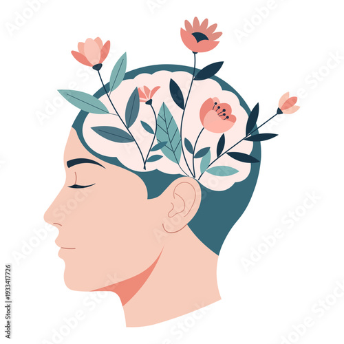 human head with flowers and leaves growing inside the brain