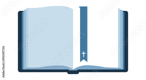 Open book with blue bookmark and cross symbol, minimalist illustration on white background