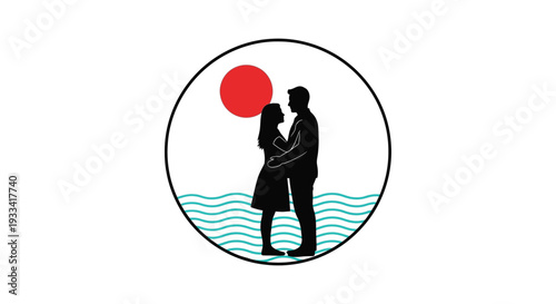 Couple Embracing in Circular Frame with Sunset Silhouette in Simple Minimalist Design for Relationship Themes