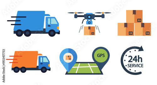 logistics and delivery icons including trucks, drone, GPS, and 24h service