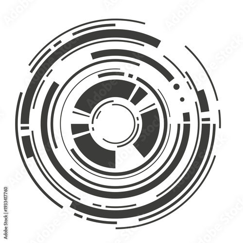 A complex abstract circular design with segmented lines and shapes, resembling a futuristic interface or data visualization.
