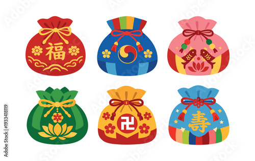 Korean traditional lucky fortune bags called bokjumeoni, decorated with various symbolic patterns for good luck and prosperity
