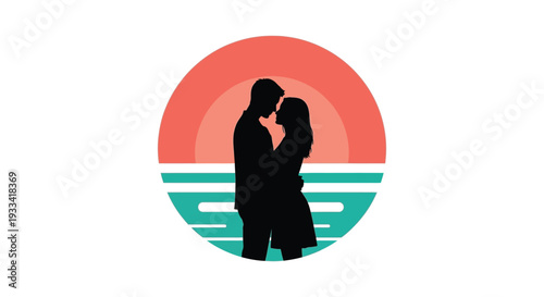 Couple Embracing Silhouette in Romantic Sunset with Vibrant Colors on Water Background for Social Media