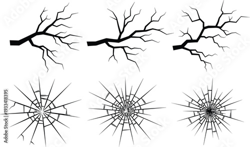 Vector illustration of various broken glass cracks and bullet hole patterns in black silhouette isolated on a white background, comma.