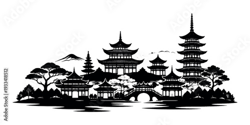 Japanese landscape in silhouette featuring traditional architecture, a multi-storied pagoda, temples, trees, a bridge, and Mount Fuji