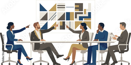 Business people discussing strategy and data on a presentation board