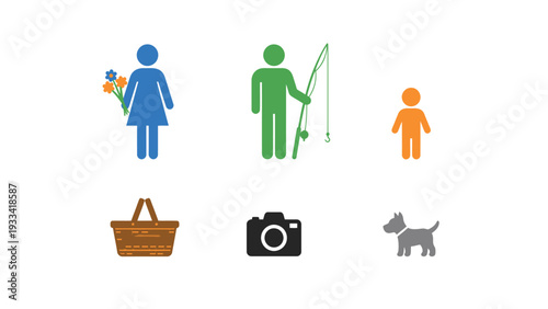 Family, Leisure, and Outdoor Activity Icons: Man, Woman, Child, Dog, Fishing, Picnic, Camera Symbols Set