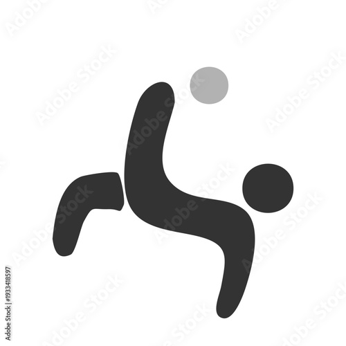 Stylized black and grey icon depicting a person performing a bicycle kick in soccer, representing athletic movement.