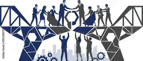 Two business teams meeting on a bridge to finalize a deal