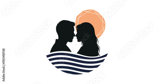 Couple Silhouette Romantic Sunset Ocean Waves Love Story Illustration