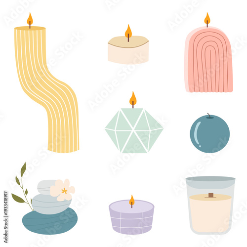 Flat lay candle set. Illustration of cozy decorative lighting elements, hand-drawn