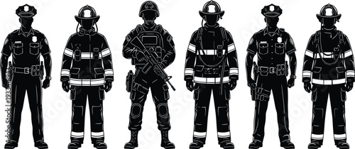Vector illustration of emergency responder silhouettes including police officers, firefighters, and a tactical soldier isolated on a white background, comma.