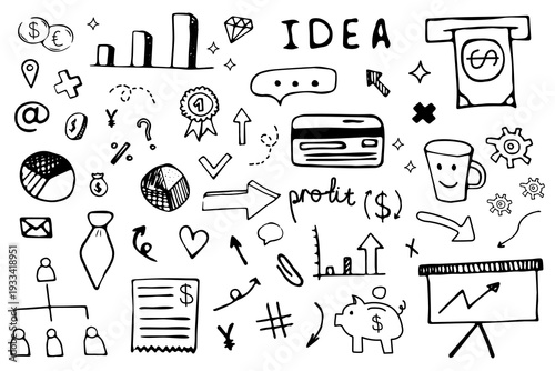 Doodle style business elements representing ideas planning goals financial growth and strategies for successful company development and positive results