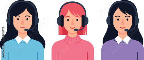 Vector illustration of three diverse female customer service representatives wearing headsets, providing online support, call center assistance, and telemarketing services.