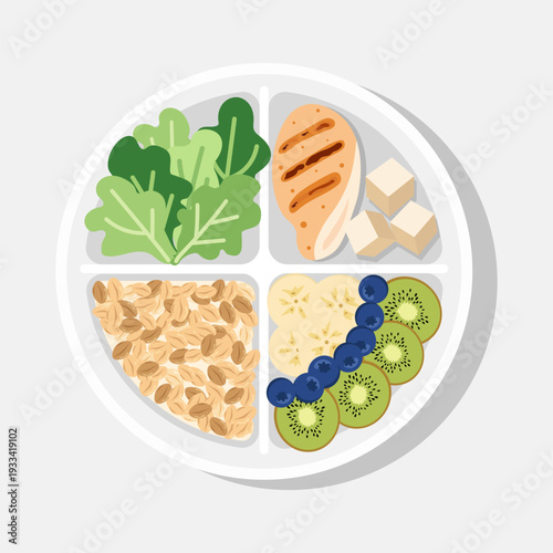 A balanced healthy meal plate, top view, showing portions of vegetables, grains and protein