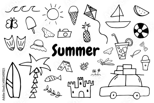 Black and White Doodle of Holiday Icons Travel, Summer, Tourism and Recreation