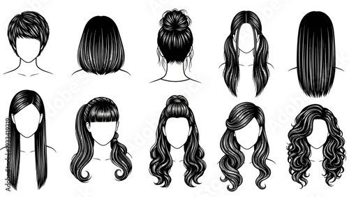 A diverse array of female hairstyles, from sleek long locks to elegant updos and playful curls, showcasing various cuts and styling options for modern women's beauty and fashion trends