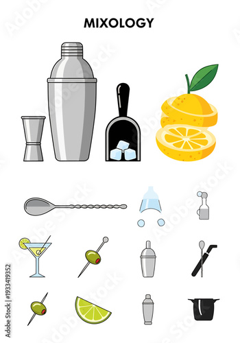 Assorted bar tools and citrus fruits displayed against a clean white background from a straightforward viewpoint