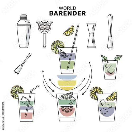 A bartender creates a variety of colorful cocktails using different ingredients and garnishes in a bar environment from a top-down viewpoint.