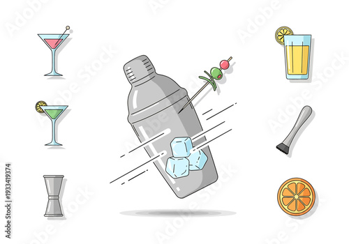 A grey bottle surrounded by various cocktail glasses and garnishes in a dynamic illustration