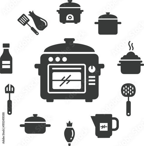 Kitchen cooking utensils and appliances icon set