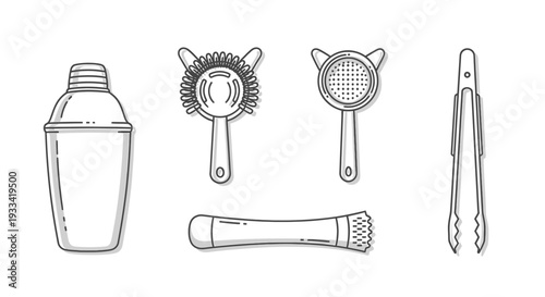 A set of kitchen utensils and bar tools arranged neatly on a clean surface, viewed from directly above