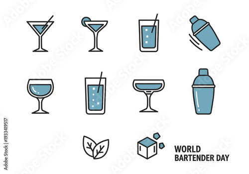 A collection of cocktail glasses and bar tools on World Bartender Day celebration illustration