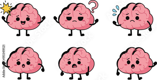 A set of six cute cartoon brain characters with different emotions and expressions