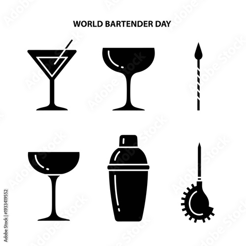 Celebrating World Bartender Day with Cocktail Glasses and Bar Tools Icons