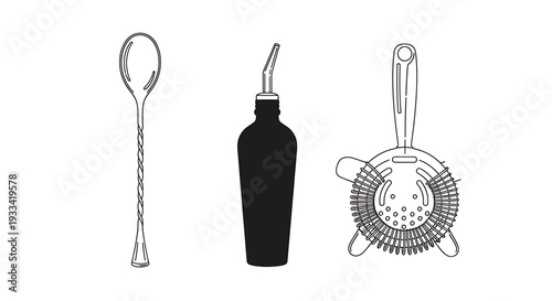 Cocktail bar tools illustration featuring muddler, bottle, and shaker in a minimalist style from a straightforward viewpoint