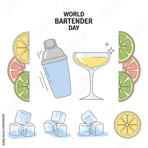 Celebrating World Bartender Day with cocktail shaker, martini glass, citrus slices, and ice cubes in a vibrant illustration
