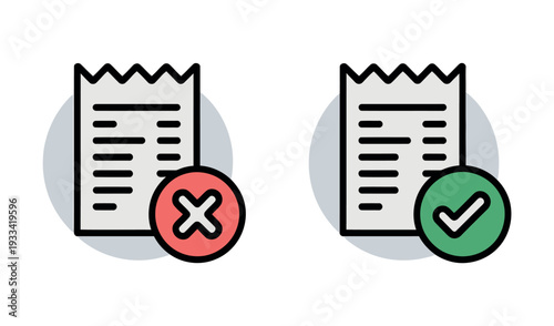 A correct and incorrect receipt icon with checkmark and cross symbol on a white background