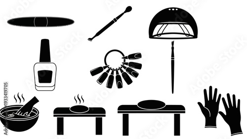 Silhouette collection of professional nail care equipment and beauty salon tools for manicure and pedicure services, including polish, files, UV lamps, and treatment bowls