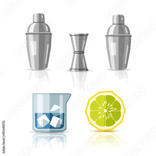 Cocktail shakers and jigger with ice and lime on a reflective surface