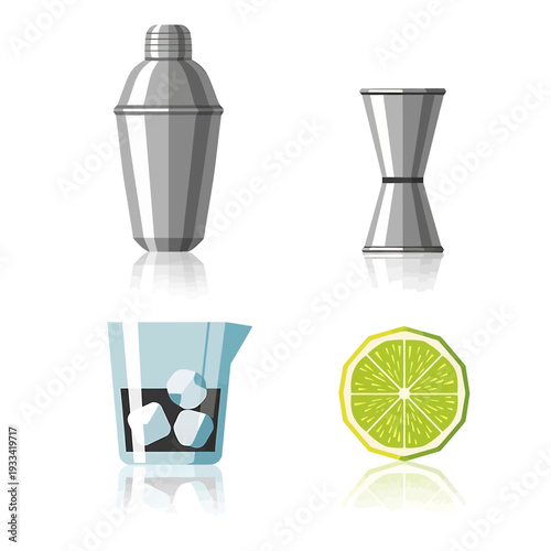 Cocktail shaker, jigger, glass with ice, and lime slice on a white background from a straightforward viewpoint