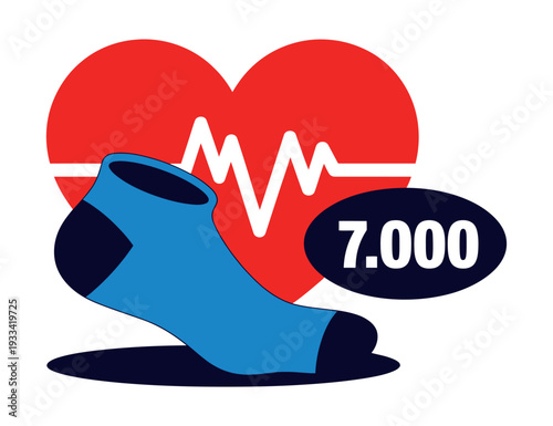 A blue sock with a red heart and an ECG line in the background, symbolizing a healthy lifestyle with 7,000 steps.