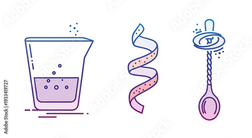 A simple line drawing of baby items including a cup with liquid and bubbles, a twisted ribbon, and a baby pacifier on a simple background from a straightforward viewpoint.